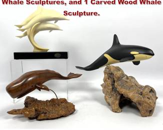 Lot 726 3pcs 2 John Perry Dolphin and Whale Sculptures, and 1 Carved Wood Whale Sculpture.