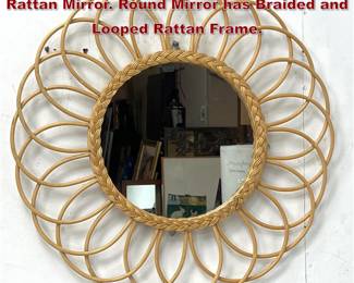 Lot 834 Bohemian style Round Starburst Rattan Mirror. Round Mirror has Braided and Looped Rattan Frame. 