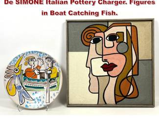 Lot 619 2pc Mid Century Modern Design. 1 De SIMONE Italian Pottery Charger. Figures in Boat Catching Fish. 
