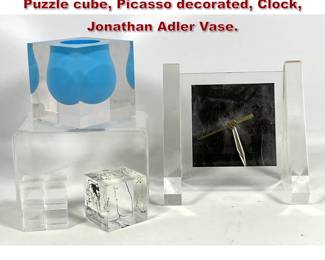 Lot 642 4pcs Mid Century Modern Acrylic. Puzzle cube, Picasso decorated, Clock, Jonathan Adler Vase. 