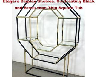 Lot 627 MCM Metal, Glass Octagonal Etagere Display Shelves. Contrasting Black and Brass tone Thin Square Tub