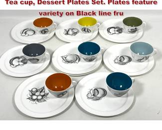 Lot 938 8 Sets SUSIE COOPER Bone China Tea cup, Dessert Plates Set. Plates feature variety on Black line fru