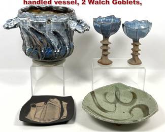 Lot 945 5pcs Studio Art Pottery. Heavy handled vessel, 2 Walch Goblets, 
