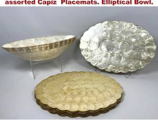 Lot 727 7pc Capiz Shell Table Ware. Six assorted Capiz Placemats. Elliptical Bowl. 