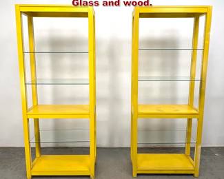Lot 691 Pair Yellow Display Etagere Shelves. Glass and wood. 