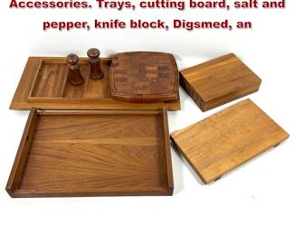 Lot 927 7pcs Danish Modern Teak Accessories. Trays, cutting board, salt and pepper, knife block, Digsmed, an