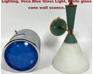 Lot 900 2pcs Vintage Mid Century Modern Lighting. Veca Blue Glass Light, White glass cone wall sconce.