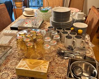 Dining room table and chairs and crocheted tablecloth lots of Vintage are aware and China 