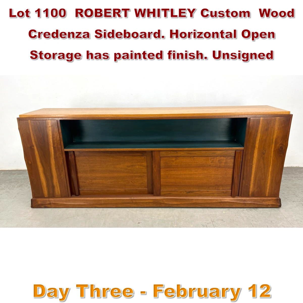 Lot 1100 ROBERT WHITLEY Custom Wood Credenza Sideboard. Horizontal Open Storage has painted finish. Unsigned