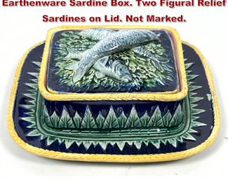 Lot 1416 Antique Majolica Glazed Earthenware Sardine Box. Two Figural Relief Sardines on Lid. Not Marked.
