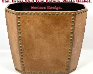 Lot 1618 Vintage Octagonal Leather Trash Can. Brass Stud Trim Details. Waste Basket. Modern Design.