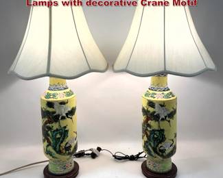 Lot 1409 Pair Chinese Handpainted Yellow Lamps with decorative Crane Motif