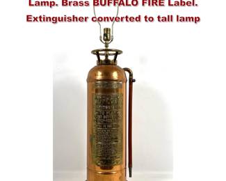 Lot 1650 Vintage Copper Fire Extinguisher Lamp. Brass BUFFALO FIRE Label. Extinguisher converted to tall lamp