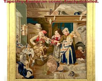Lot 1529 Vintage Elaborate Needlepoint Tapestry. European scene. Finely detailed.