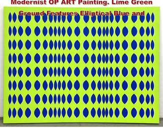 Lot 1214 Large TIM RAY FISHER Large Modernist OP ART Painting. Lime Green Ground Features Elliptical Blue and