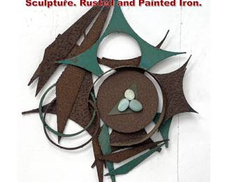 Lot 1304 Artisan Unmarked Modernist Wall Sculpture. Rusted and Painted Iron.