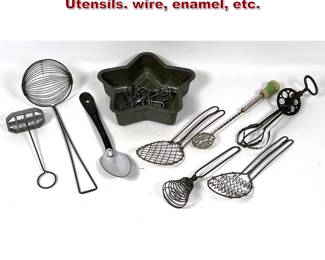 Lot 1592 9pcs Vintage Antique Kitchen Utensils. wire, enamel, etc.