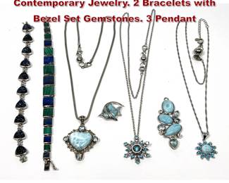 Lot 1395 7pc Collection Sterling Silver Contemporary Jewelry. 2 Bracelets with Bezel Set Gemstones. 3 Pendant
