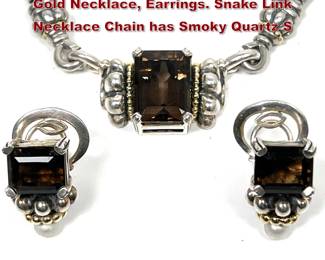 Lot 1385 2pc LAGOS Caviar Sterling, 18k Gold Necklace, Earrings. Snake Link Necklace Chain has Smoky Quartz S