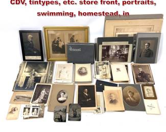 Lot 1458 Lot of 19th century photographs. CDV, tintypes, etc. store front, portraits, swimming, homestead, in