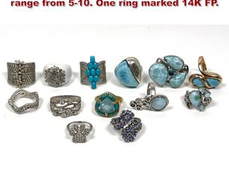 Lot 1396 13pcs Sterling Rings. Ring sizes range from 510. One ring marked 14K FP.
