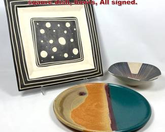 Lot 1354 3pcs Studio Art Pottery. Large sqaure dish, bowls, All signed.