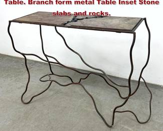 Lot 1231 Studio Made Sequoia Console Table. Branch form metal Table Inset Stone slabs and rocks.