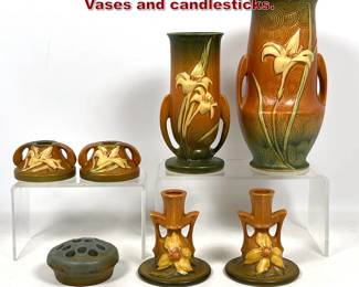 Lot 1430 7pcs Roseville Pottery. Zephyr Lily. Vases and candlesticks.