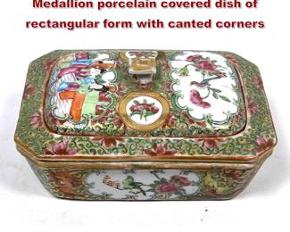 Lot 1554 3 part Chinese Famille Rose Medallion porcelain covered dish of rectangular form with canted corners