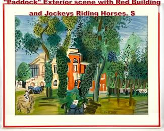 Lot 1197 Raoul Dufy Color Lithograph. Paddock Exterior scene with Red Building and Jockeys Riding Horses. S