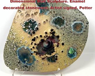 Lot 1303 Handmade Studio Artist Dimensional Wall Sculpture. Enamel decorated stoneware. Artist signed. Potter