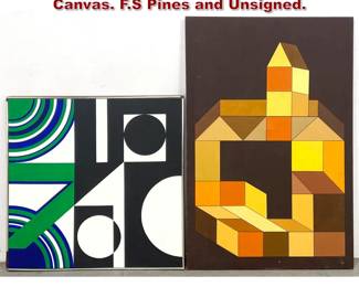 Lot 1211 2pcs Op Art Geometric Painting on Canvas. F.S Pines and Unsigned.