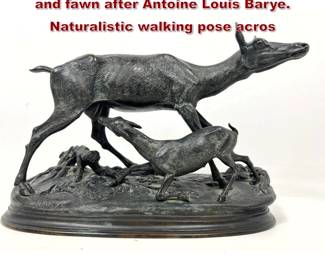 Lot 1527 Bronze sculpture depicting a doe and fawn after Antoine Louis Barye. Naturalistic walking pose acros