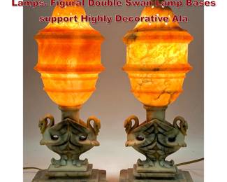 Lot 1435 Pr Antique Carved Alabaster Swan Lamps. Figural Double Swan Lamp Bases support Highly Decorative Ala