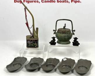 Lot 1548 9pcs Mixed Asian metalware. Foo Dog Figures, Candle boats, Pipe.