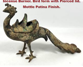 Lot 1407 Chinese Metal Figural Peacock Incense Burner. Bird form with Pierced lid. Mottle Patina Finish.