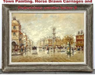 Lot 1512 A deVITY Vintage Scenic European Town Painting. Horse Drawn Carriages and Pedestrians wander below B