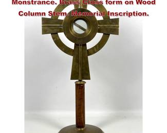 Lot 1442 Modernist Brass and Wood Monstrance. Brass Cross form on Wood Column Stem. Memorial Inscription.