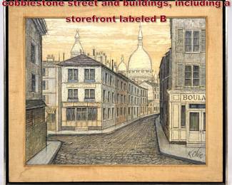 Lot 1524 K Chin Painting on Canvas. French cobblestone street and buildings, including a storefront labeled B