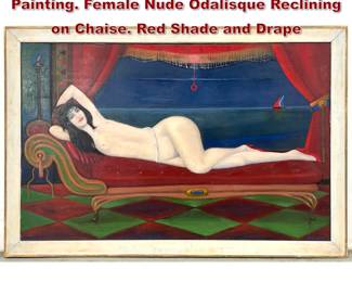 Lot 1204 NORMAN RUBINGTON Surrealist Painting. Female Nude Odalisque Reclining on Chaise. Red Shade and Drape
