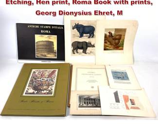 Lot 1593 Lot Vintage Ephemera. Rhinoceres Etching, Hen print, Roma Book with prints, Georg Dionysius Ehret, M