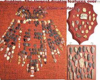 Lot 1595 3pc Native American arrowhead displays. The largest display features over 150 flaked stone artifacts