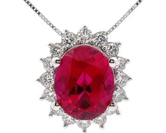 0.51 Carat Ruby & Diamond Halo Necklace in 14k White Gold
