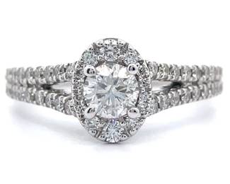 1 Carat Natural Diamond Oval Halo Split Shank Cathedral Ring in 14k White Gold