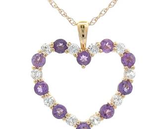 Natural Amethyst & White Sapphire Heart Halo Pendant Necklace in Yellow Gold
