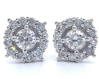 0.75 Carat Natural Diamond Round Halo Cluster Stud Earrings in White Gold