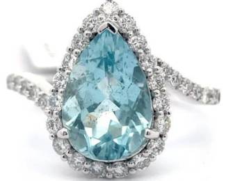 Oscar Friedman 3.47 Carat Natural Aquamarine & Natural Diamond Ring in Platinum