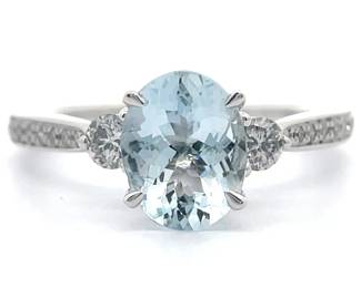 2.25 Carat Natural Aquamarine & Natural Diamond Three-Stone Ring in 14k White Gold