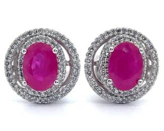 0.30 Carat Natural Ruby & Diamond Halo Stud Earrings in 14k White Gold