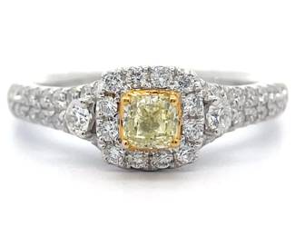 0.85 Carat Natural Fancy Yellow & Natural White Diamond Halo Cathedral Ring in 14k Gold